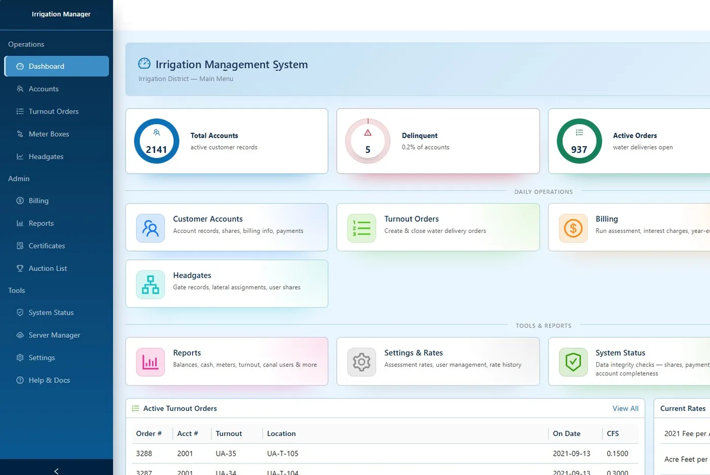 Irrigation Information Manager dashboard with account, turnout order, billing, and headgate modules
