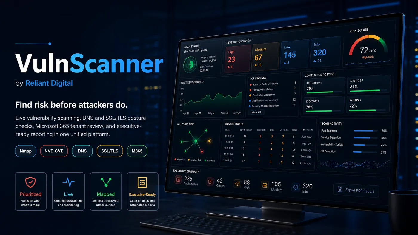 VulnScanner dashboard with severity overview, compliance posture, network map, and scan activity